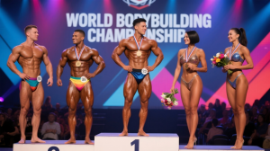 Award ceremony photos from a bodybuilding competition featuring tanned participants