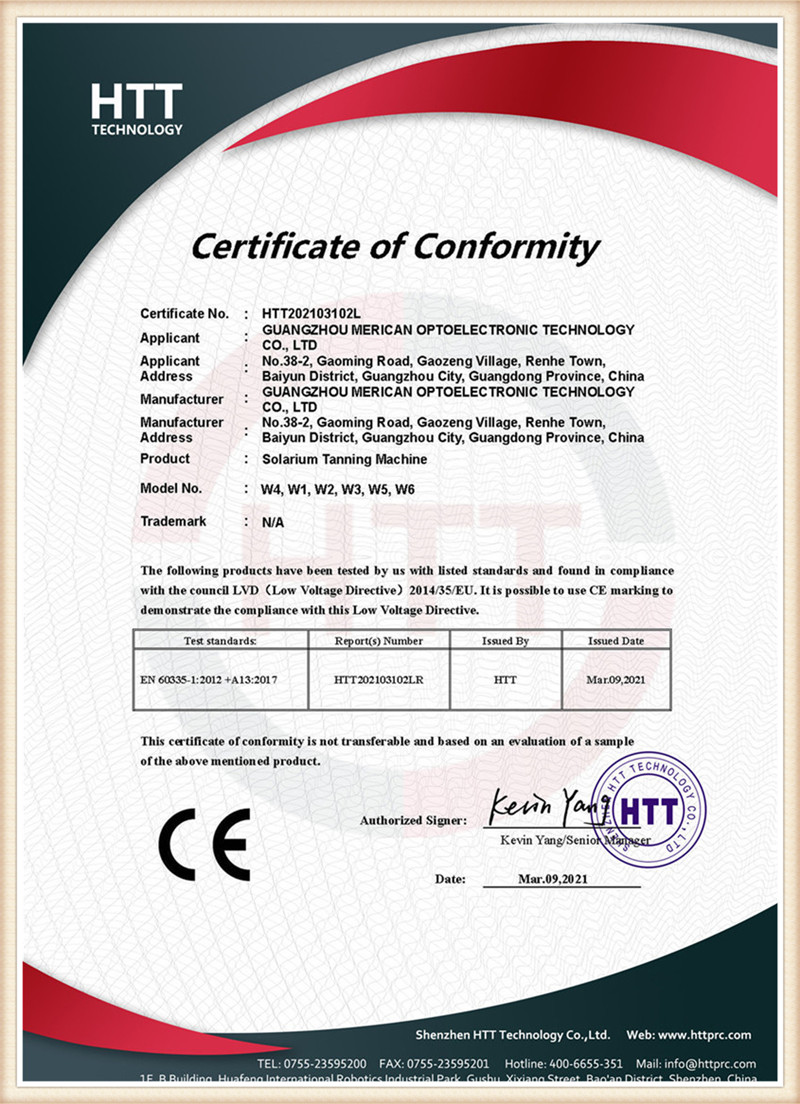 Horizontal Tanning Bed LVD Certificate